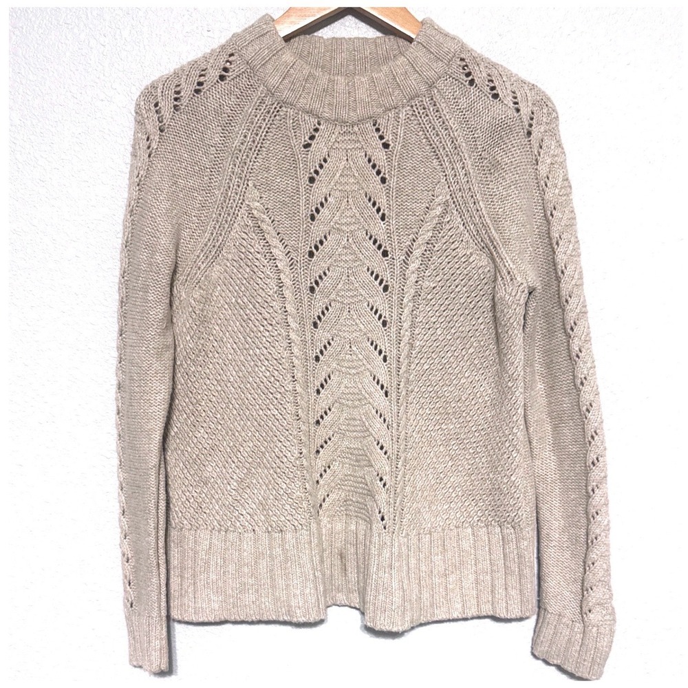LOFT Women's Beige Cable Knit Crew Neck Eyelet Chunky Sweater‎ Size Medium